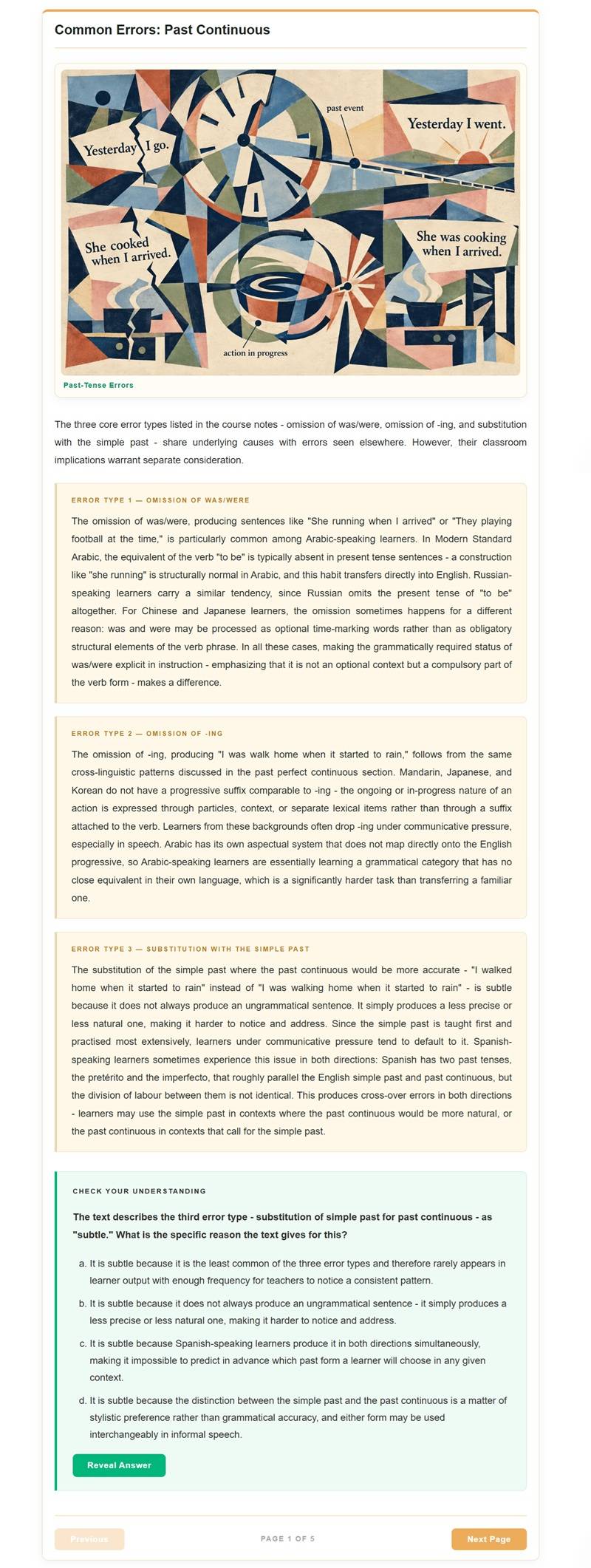 Unit 13 Past Tense, section 3, page 1 of the TEFLmasters online TEFL course