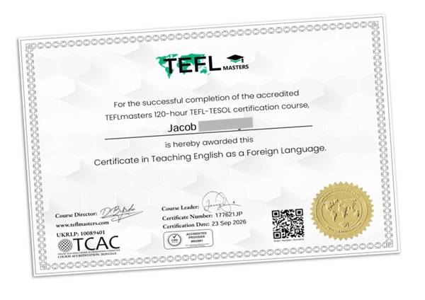 The TEFLmasters certificate bundle with a QR code